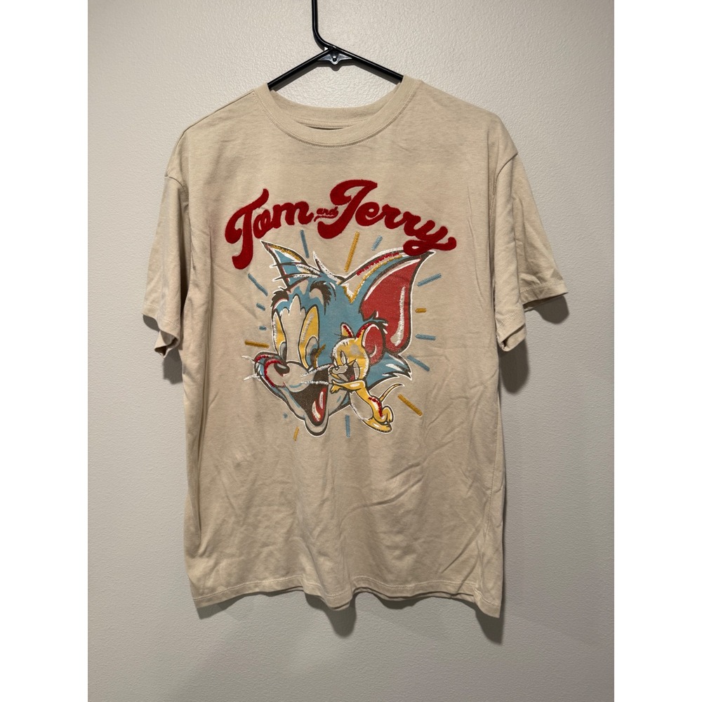 Freeze Tom‎ and Jerry Graphic T-Shirt Mens Large Tan Embroidery Short Sleeve